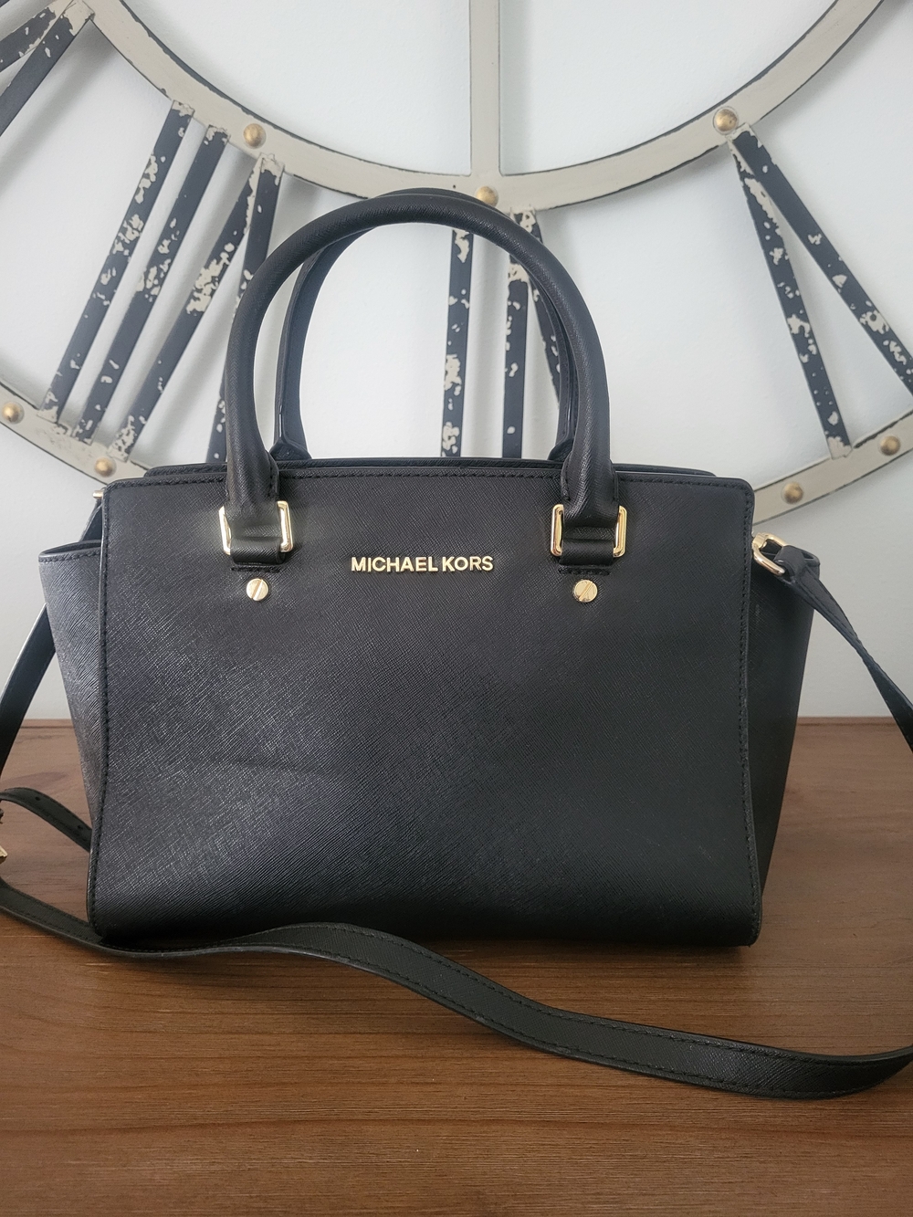 MICHAEL Michael Kors Black Leather Satchel with Gold Hardware